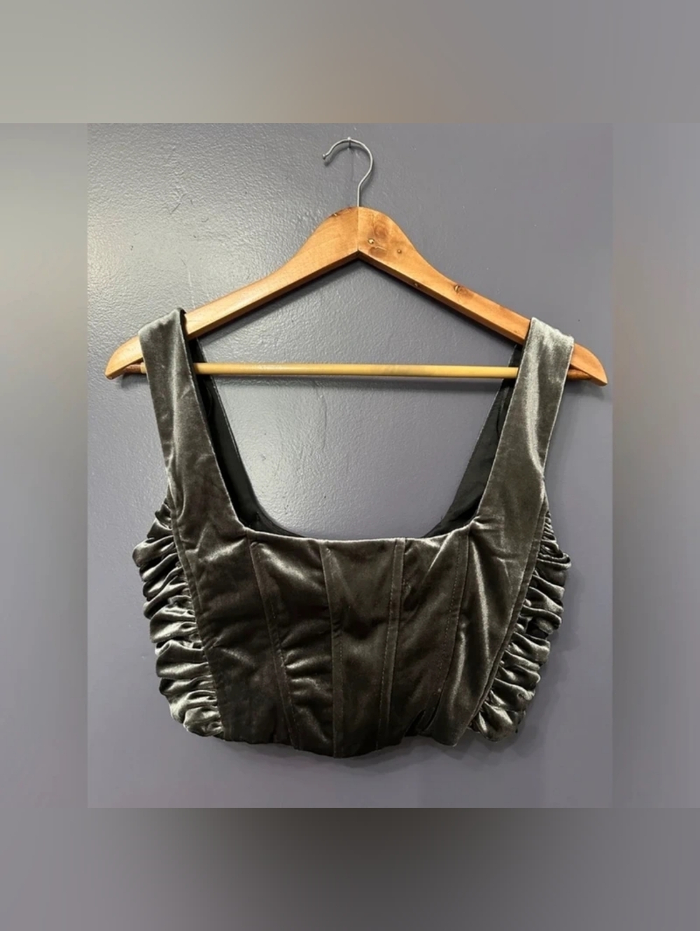 Velvet Square-Neck Crop Top in Charcoal Gray